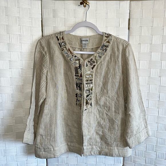 Chico’s Womens Tunic Linen Blend Blazer Jacket Size Medium Jewl Embroidered - Picture 2 of 16